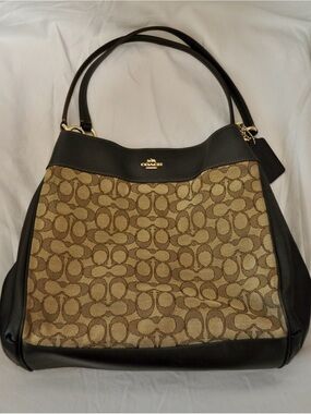 Coach Brown Signature Canvas Shoulder Bag with Black Leather Trim
